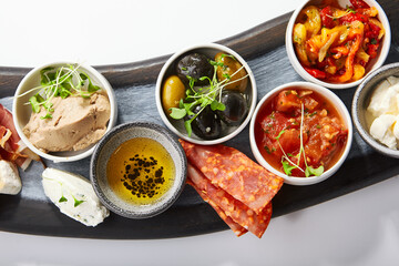 Canvas Print - Wooden tray with snacks top view