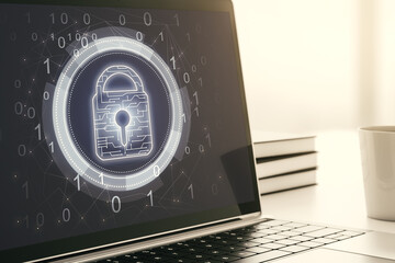 Poster - Creative idea concept with lock symbol and microcircuit illustration on modern laptop screen. Protection and firewall concept. 3D Rendering