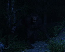 An Aggressive Bestial Looking Bigfoot In A Forest