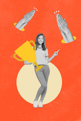 Poster - Vertical collage portrait of happy smiling girl black white colors hold painted cup point finger empty space big arms applaud clapping