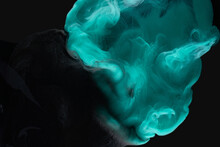 Liquid Fluid Art Abstract Background. Blue Green Acrylic Paint Underwater, Galactic Smoke Ocean