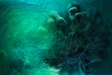 Liquid fluid art abstract background. Blue green acrylic paint underwater, galactic smoke ocean