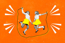 Creative Collage Of Two Little Girls Black White Effect Jumping Big Rope Isolated On Painted Orange Background