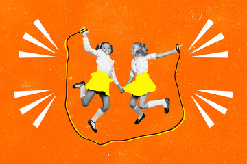 Sticker - Creative collage of two little girls black white effect jumping big rope isolated on painted orange background