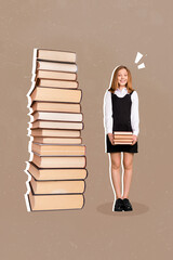 Poster - Vertical collage picture of happy smiling mini girl stand near huge pile stack book isolated on drawing background
