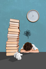 Wall Mural - Vertical collage illustration of tired boy fell asleep big pile stack book wall watch crumpled paper studying late night library