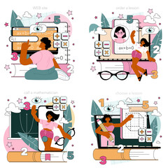Wall Mural - Math school subject online service or platform set Students studying