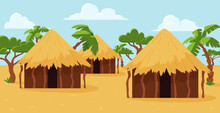South Landscape With African Huts And Trees Flat Style, Vector Illustration