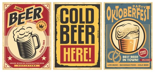 Sticker - Beer posters set on old paper texture, perfect advertisements or wall decorations for pub, cafe bar or Oktoberfest event. Alcoholic drinks vintage vector flyers.