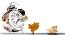 Autumn Leaves Falling, Time Clock Alarm Seven O'clock  Isolated For Background Space For Your Text - 3d Rendering