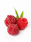 Fototapeta  - Isolated berries. Bunch of raspberry fruits with leaves isolated on white background with clipping path