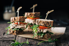 Sandwich With Tuna, Arugula And Tomato, Selective Focus