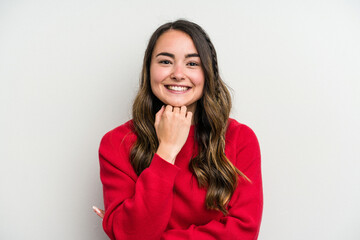 Young caucasian woman isolated on white background smiling happy and confident, touching chin with hand.