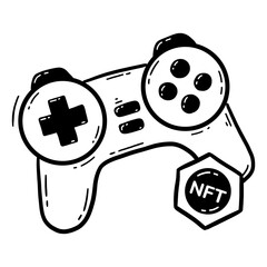 NFT game asset, gamepad joystick icon and cryptocurrency token doodle icon