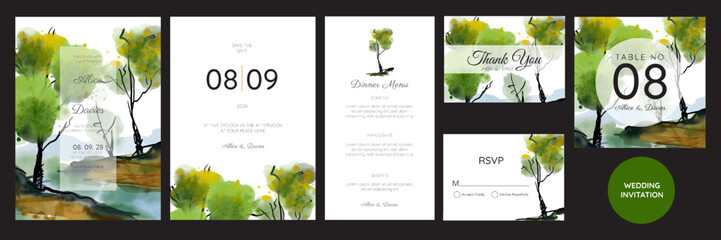 Wall Mural - wedding invitations, watercolor mountains, forest and rivers.	