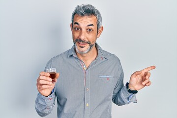 Poster - Handsome middle age man with grey hair drinking whiskey shot smiling happy pointing with hand and finger to the side