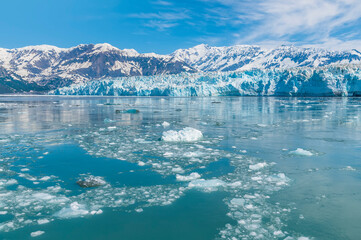 Wall Mural - A view past floating ice in Disenchartment Bay towards in the Hubbard Glacier, Alaska in summertime