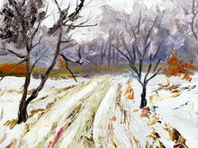 Oil Painting On Canvas. Textured Strokes Of Paint. Winter Landscape. Snowy Road. Interior Painting.  