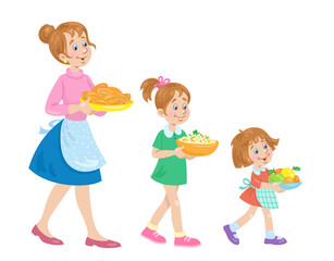 Sticker - Young mother and two daughters carry plates of food. In cartoon style. Isolated on white background. Vector illustration.