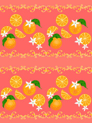 Wall Mural - Orange, pattern. Tropical citrus fruits leaves, flowers seamless border pattern background