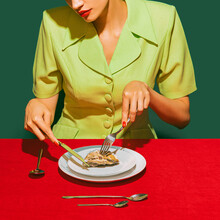 Cropped Image Of Woman Eating Oyster On Red Tablecloth Isolated Over Green Background. Delicious Taste