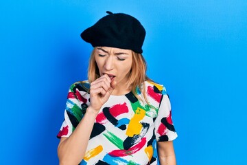 Poster - Young caucasian woman wearing french look with beret feeling unwell and coughing as symptom for cold or bronchitis. health care concept.