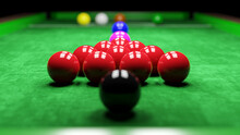 Snooker Pool Table And Billiards Ball With Dimness Light . 3D Rendering .