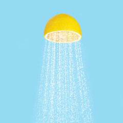 Water running from sliced lemon like shower head in studio with light blue background. Fruit minimal concept. Summer concept.