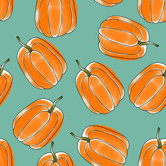 Wall Mural - Seamless pattern with watercolor pumpkin on turquoise green background