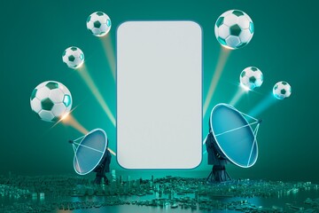 smartphone with a white screen. sports object on dark background. 3d copy space. live program online. 3d illustration. sport competition application online. online live app broadcast. soccer game