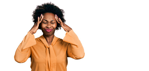 Wall Mural - African american woman with afro hair wearing elegant shirt suffering from headache desperate and stressed because pain and migraine. hands on head.