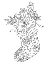 Christmas Sock Coloring Page With Gifts And Flowers.