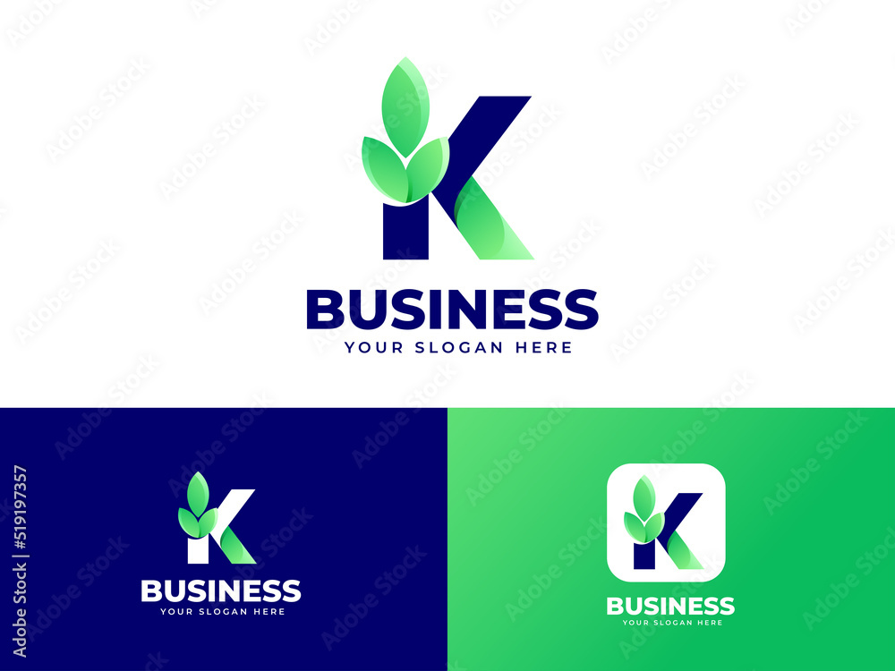Letter K logo design with leaf concept green color pure nature logo ...