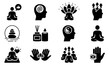 © gentle studio - Meditation Relax Balance Aromatherapy Icon Set. Yoga in Lotus Pose Harmony Silhouette Icon. Khamsa Zen, Rest Brain Symbol. Spiritual Energy Glyph Pictogram. Isolated Vector Illustration