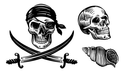 Wall Mural - Skull pirate sketch. Scary skeleton with vintage saber