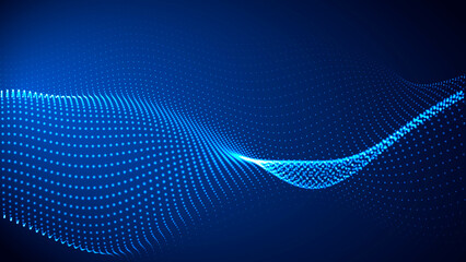 Wave of flowing particles on a dark background. Abstract backdrop with dynamic elements of waves and dots. Vector