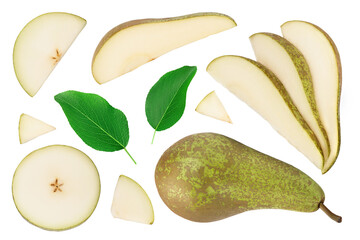 Wall Mural - Green conference pear isolated on white background. Top view. Flat lay