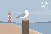 Travel Marine Design Lighthouse And Sea Gull By The Ocean