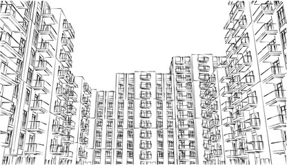 Poster - 3d illustration of a crowded residential complex. Homes with balconies in high-rise buildings.  Mass housing. Monochrome facade perspective from inner courtyard.