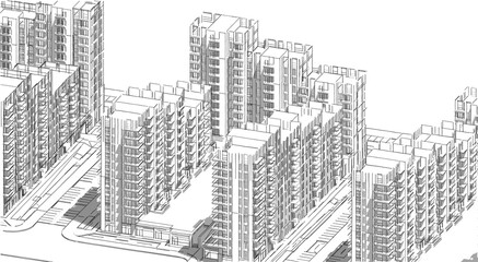 Poster - Partial 3d illustration drawing of a big residential complex. Mass housing in a crowded neighborhood. Monochrome image perspective with shadows.