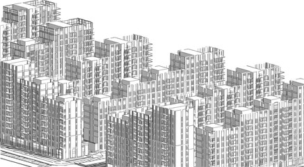 Poster - Partial 3d illustration drawing of a big residential complex. Mass housing in a crowded neighborhood. Abstract monochrome image perspective with shadows.