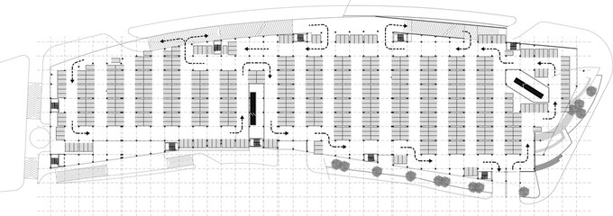 2d conceptual architectural drawing of a closed parking lot at basement floor of a big shopping center.  Vehicle circulation directions are marked with arrows.  Monochrome plan sketch