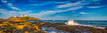 Wide Landscape View Of The Nubble Lighthouse, York Beach Maine. 
