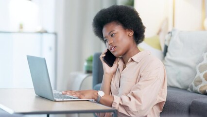 Aufkleber - Young business woman typing and sending an email on a laptop while on a phone call and working from home. Happy black female entrepreneur or freelancer talking to a client and doing remote work