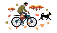 Male Character On Bike, Dog And Autumn Leaves Isolated On White Background.Man Holds A Basket Of Mushrooms In His Hand.Autumn Vector Flat Cartoon Illustration Icons Set For Design Card,poster,sticker.