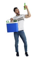 Wall Mural - Happy man with cool box and bottles of beer on white background