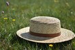 a straw hat lies on a green meadow. Summer vacation concept