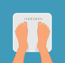 Woman Is Standing On Bathroom Scales,top View Of Feet. Weight Measurement And Control. Concept Of Healthy Lifestyle, Dieting And Fitness