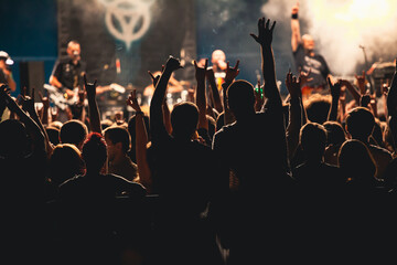 Canvas Print - Crowd at concert and blurred stage lights.