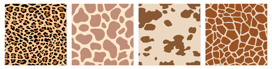Wall Mural - Vector set. Animal seamless patterns. Hand drawn texture for print, textile, fabric, packaging. Fashionable backgrounds. Leopard, giraffe, cow.